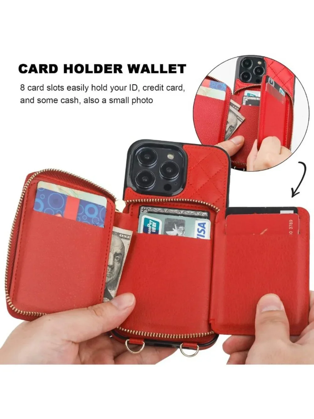 Stylish Red Crossbody Wallet Case & Card Holder for iPhone 14 Pro Max